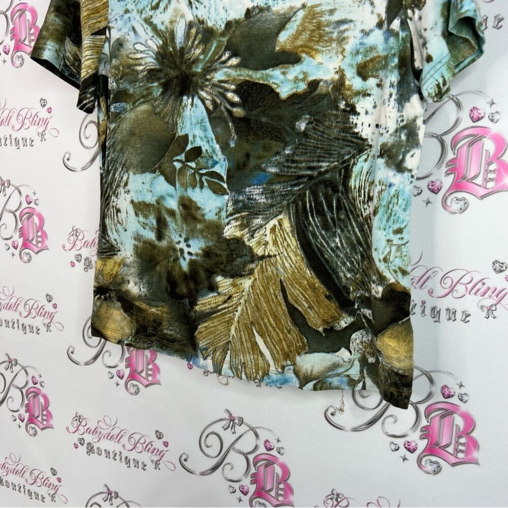 Conrad C tshirt leaf tropical Print Short Sleeve Women's Top - Blue and Green - Picture 3 of 8